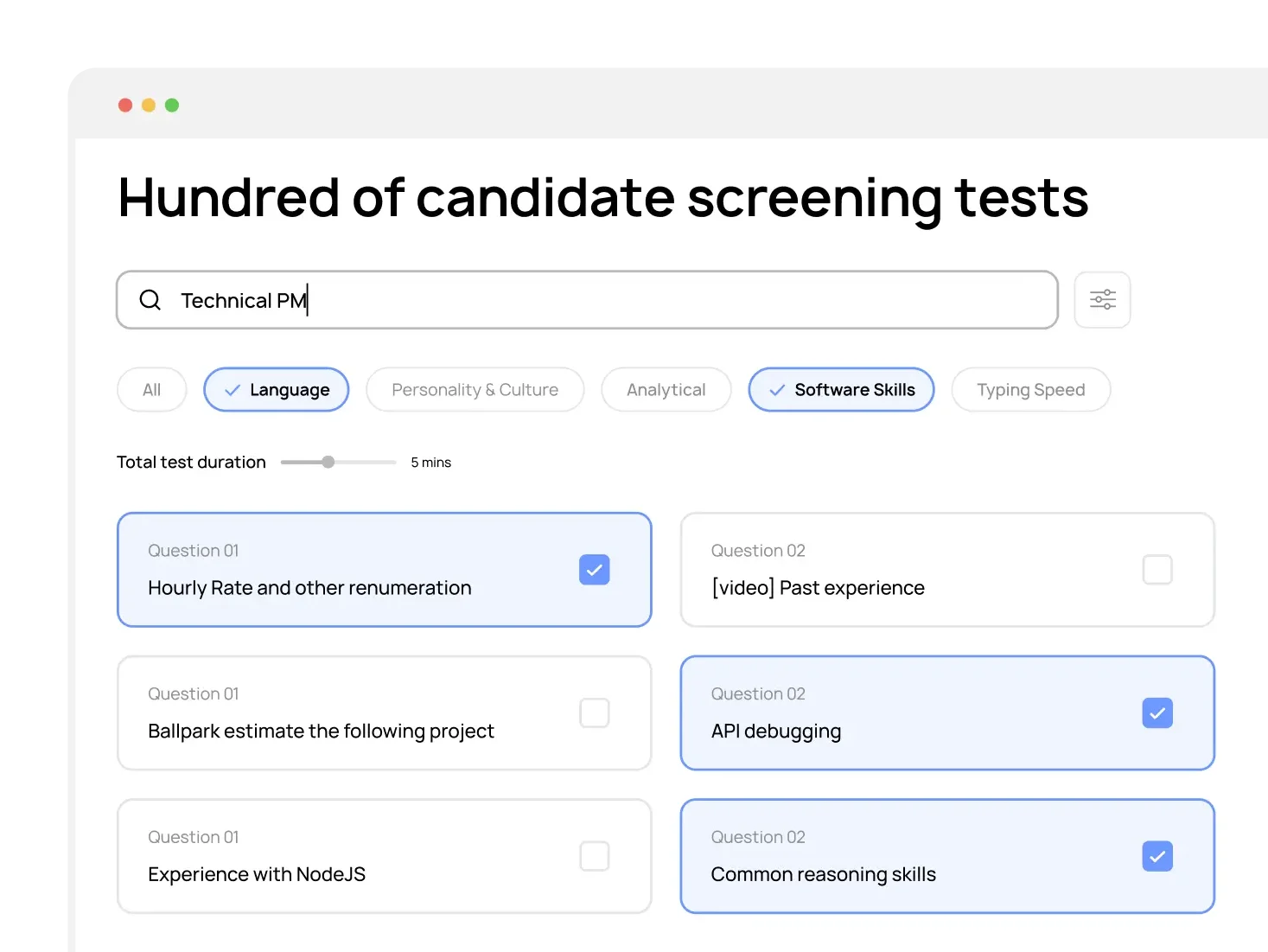 Screenshot of library of candidate screening tests